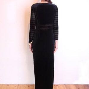90's velvet sheer stripes maxi dress, black velvet long dress, black minimalist, slit, grunge dress, evening bodycon dress image 5