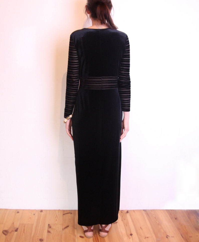 90's velvet sheer stripes maxi dress, black velvet long dress, black minimalist, slit, grunge dress, evening bodycon dress image 5