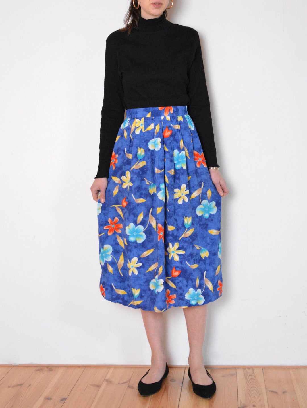 90's Floral Blue Skirt Midi Skirt Yellow Blue Red Long - Etsy
