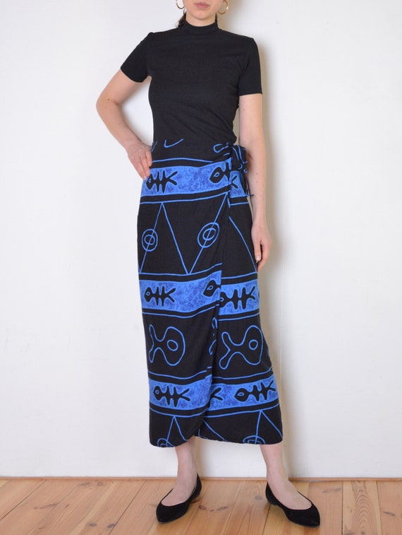 90's wrap skirt, fish print black and blue, seasi… - image 1