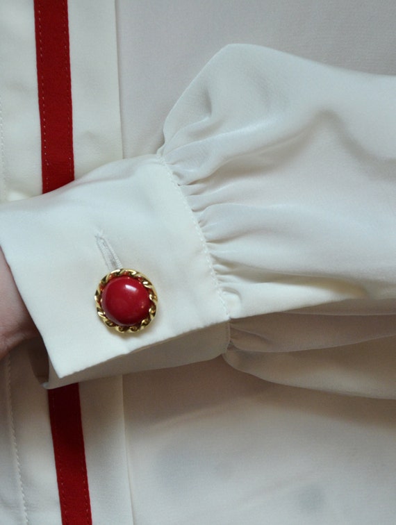 90's French white blouse with red details retro v… - image 7