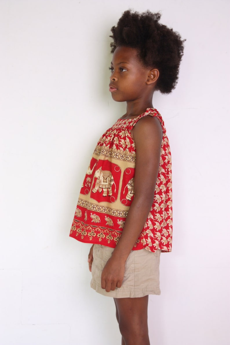 90's Indian elephant print girls blouse, strappy top for children, red and gold oriental pattern, scarf print, hippie summer top image 1