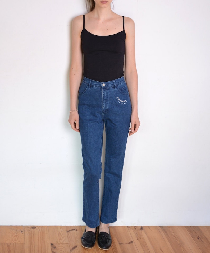 90's high waisted jeans with gemstones, dark blue stretch elastic denim high waisted pants size medium or small, bootcut trousers image 1