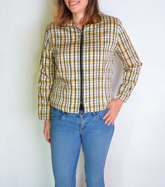 90's Scandinavian silk jacket, plaid pattern ligh… - image 1