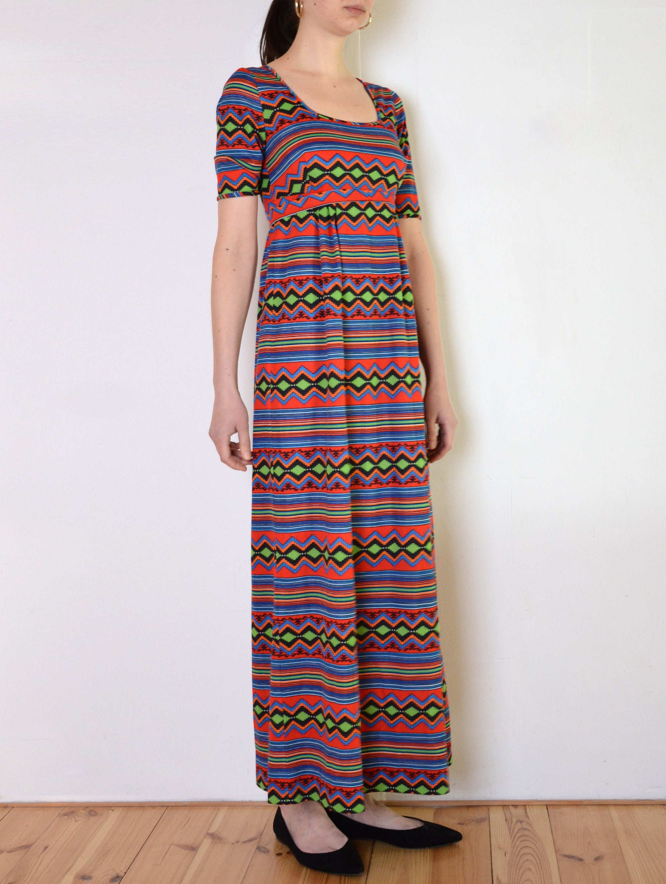 70's Maxi Dress, Geometric Pattern Red Green Orange Blue Black