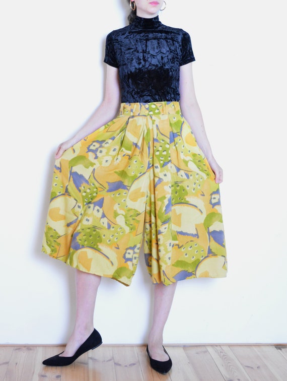 90's abstract print wide pants, summer culotte pan