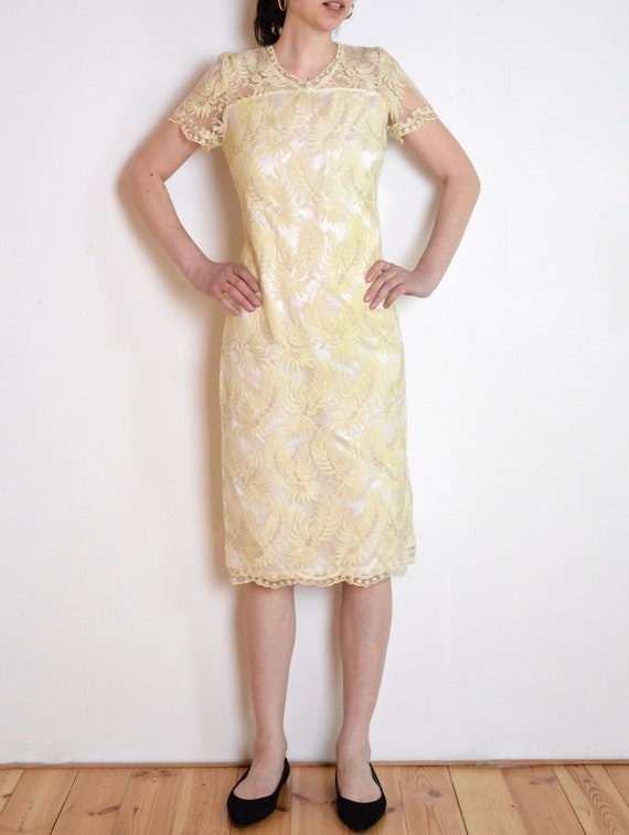 Jaren 90 gelaagde kanten jurk gele gebroken witte retro vintage shiftjurk maat large Etsy Nederland