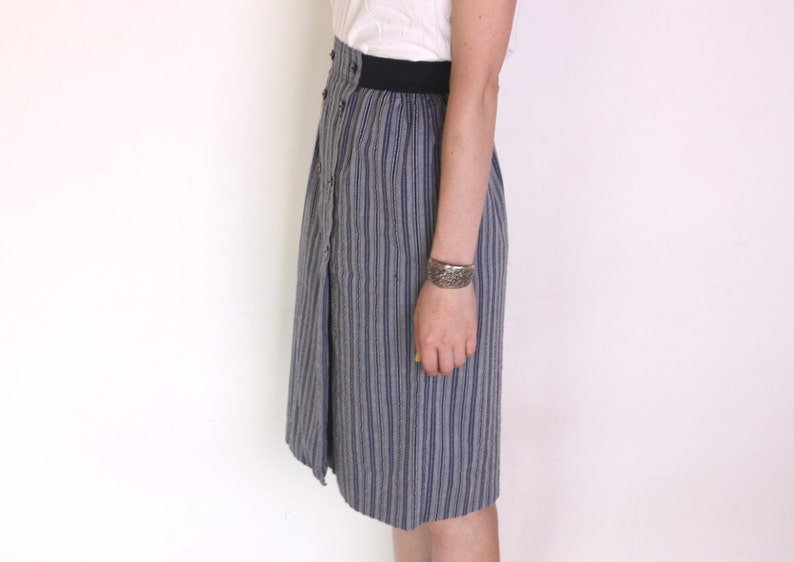 80/'s Country Casuals buttoned down striped midi skirt blue white and gray chambray long skirt