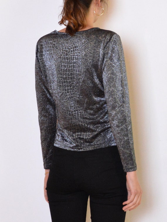 90's crocodile pattern silver lurex blouse, snake… - image 5