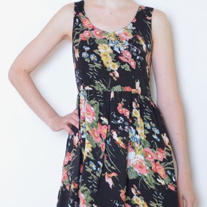 90's floral mini dress, sleeveless black flowers print summer dress, flared a line mini festival dress size medium or large image 2