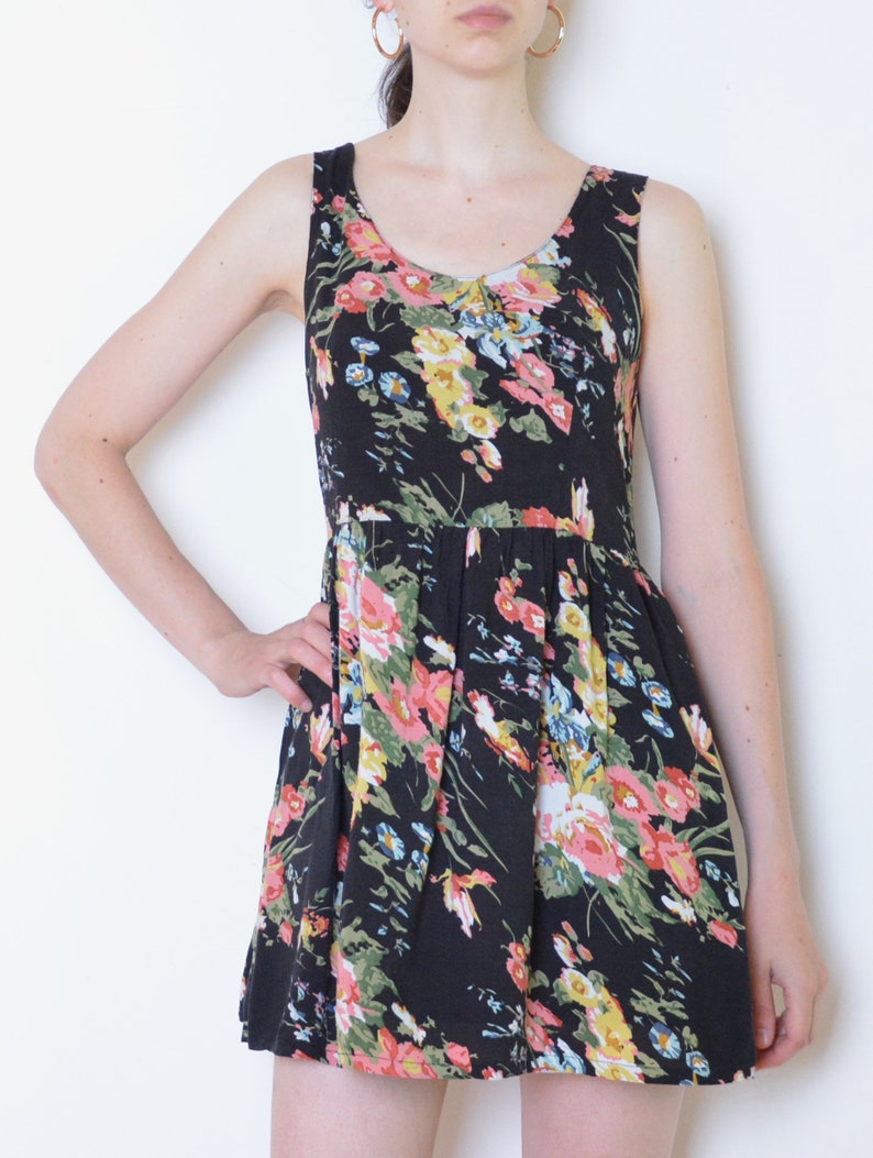 90's floral mini dress, sleeveless black flowers print summer dress, flared a line mini festival dress size medium or large image 2