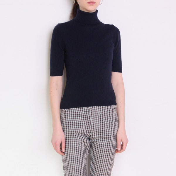 90's Benetton wool turtleneck, navy blue woolen sweater, small, minimalist sweater, xs, s, Beatnik, Audrey Hepburn, short sleeve sweater