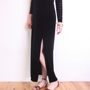 90's velvet sheer stripes maxi dress, black velvet long dress, black minimalist, slit, grunge dress, evening bodycon dress image 2