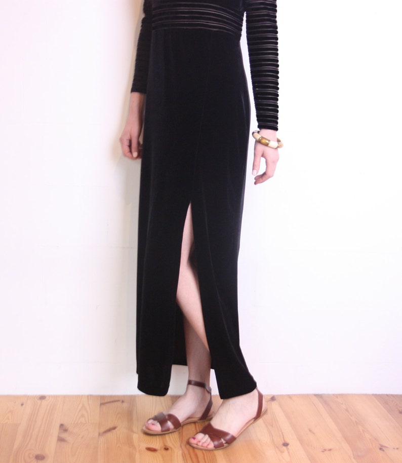 90's velvet sheer stripes maxi dress, black velvet long dress, black minimalist, slit, grunge dress, evening bodycon dress image 2