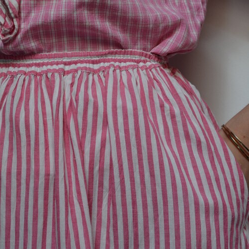 70's three part set, bloomers, skirt and blouse striped coordinates, retro vintage romantic cute old shops fashioned kawaii summer white and pink