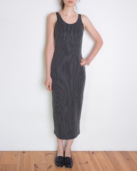 black and white vertical striped maxi dress