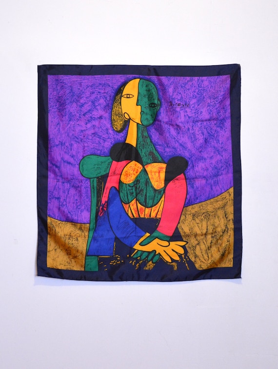 90's Pablo Picasso print scarf, purple, fuchsia, e