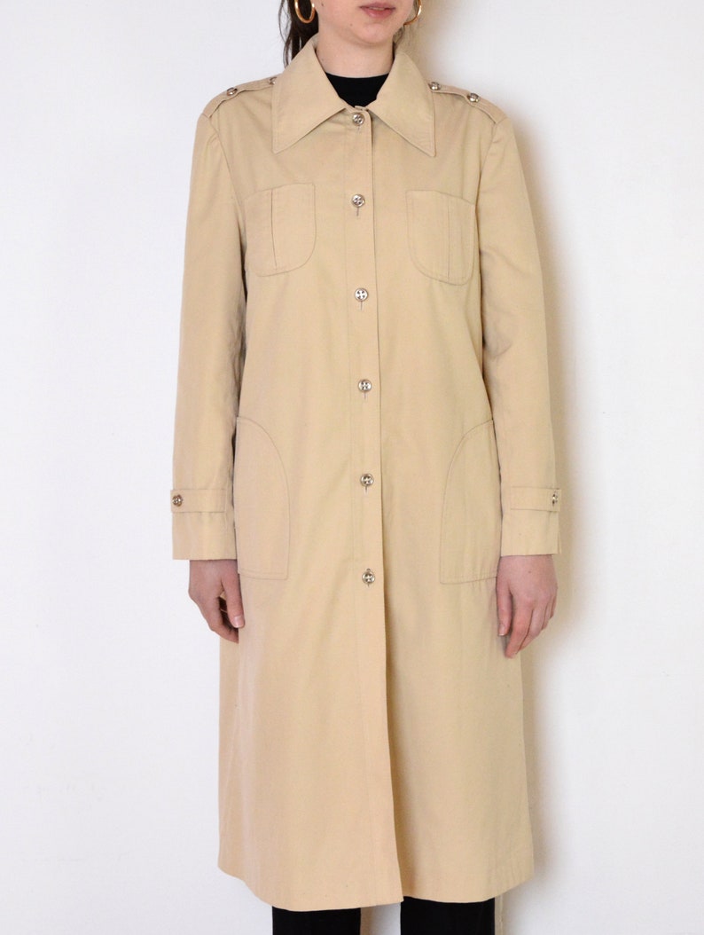 70's beige coat, classic knee length coat, retro old fashioned mac midi coat size medium large image 5