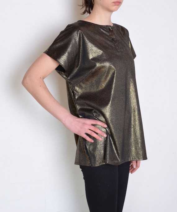 90's Golden Dots Top, Metallic T Shirt, Grunge Disco Short Sleeve