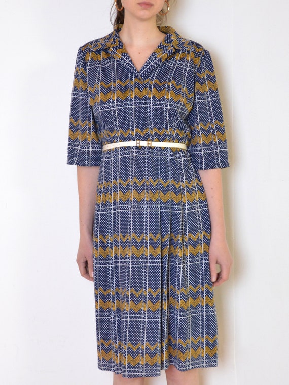 70's mixed print midi dress with pleated skirt, b… - image 3