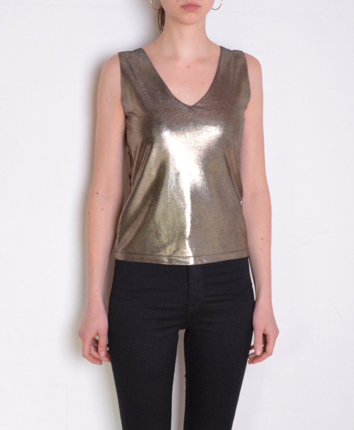 90's Golden / Silver Metallic Top, Wet Look Lycra Blouse, Grunge Disco Club  Kid Shiny Sparkly Black Textured Blouse, Sleeveless V Neck Vest - Etsy