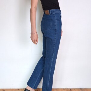 90's high waisted jeans with gemstones, dark blue stretch elastic denim high waisted pants size medium or small, bootcut trousers image 2