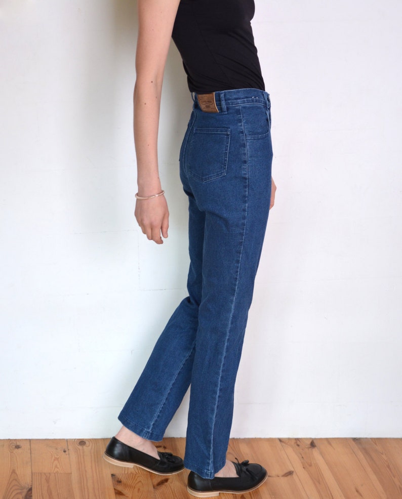90's high waisted jeans with gemstones, dark blue stretch elastic denim high waisted pants size medium or small, bootcut trousers image 2