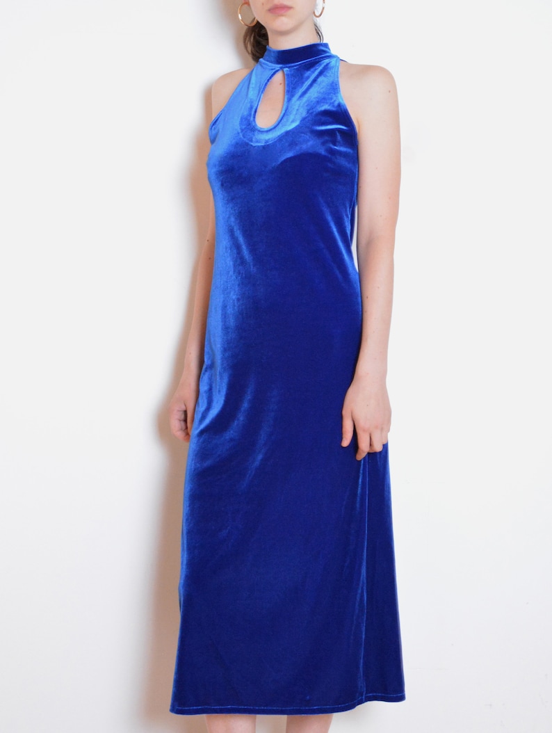90's cutout details blue velvet mock neck dress, midi dress, minimalist grunge prom dress, evening bodycon long dress electric blue image 3