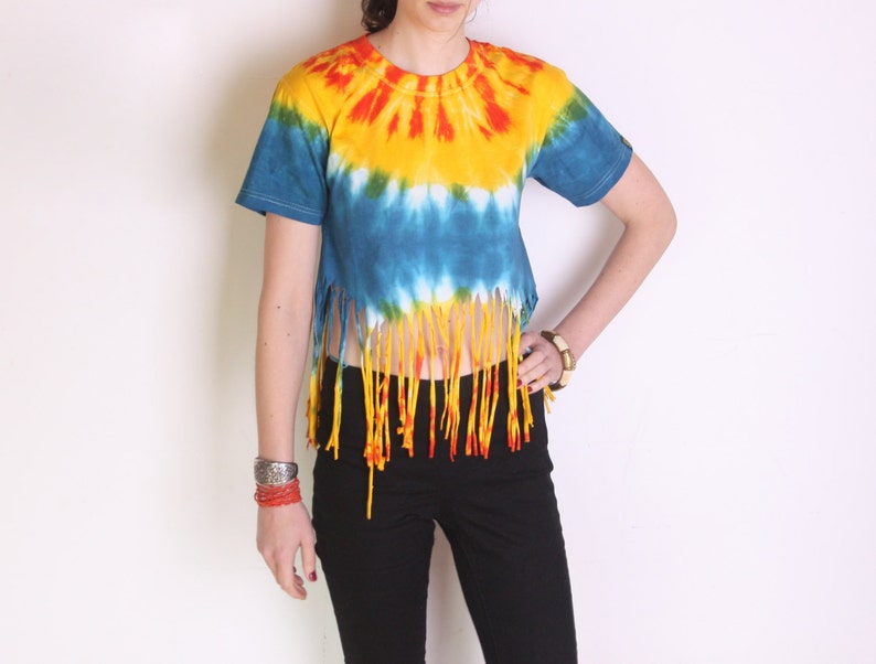 90's Tie Dye Fringed Crop Top Rainbow T Shirt Rave - Etsy