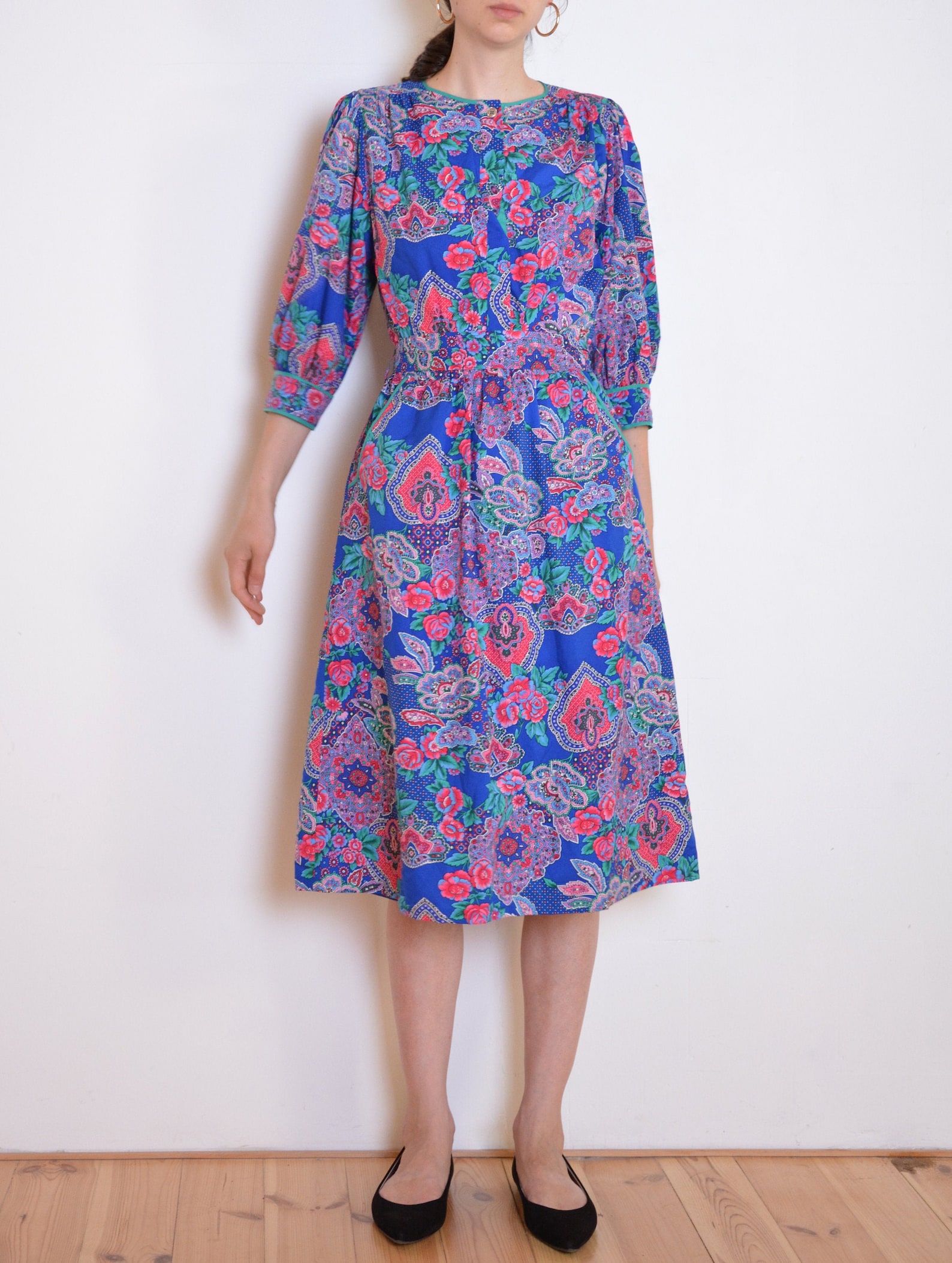 80's Folk Print Midi Dress, Russian, Polish or Ukrainian Style Rose and ...