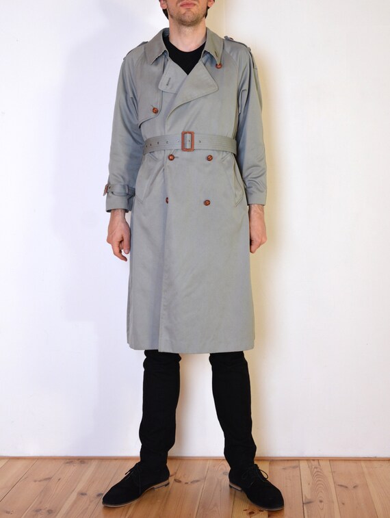 80's gray trench coat, classic long coat with plai