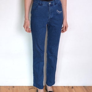 90's high waisted jeans with gemstones, dark blue stretch elastic denim high waisted pants size medium or small, bootcut trousers image 3