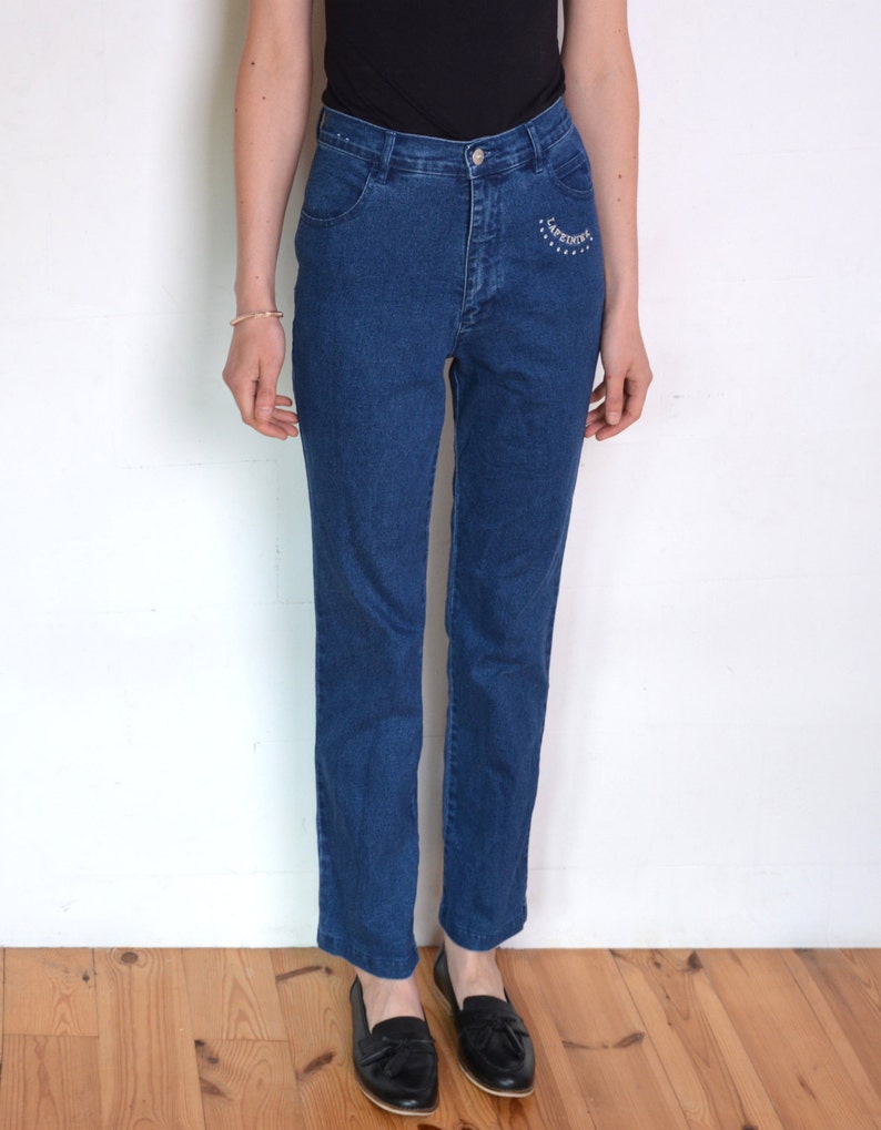 90's high waisted jeans with gemstones, dark blue stretch elastic denim high waisted pants size medium or small, bootcut trousers image 3