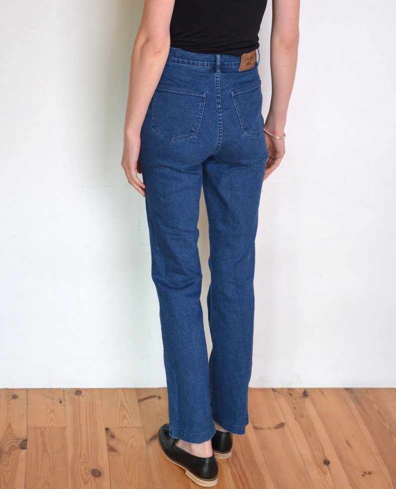 90's high waisted jeans with gemstones, dark blue stretch elastic denim high waisted pants size medium or small, bootcut trousers image 4