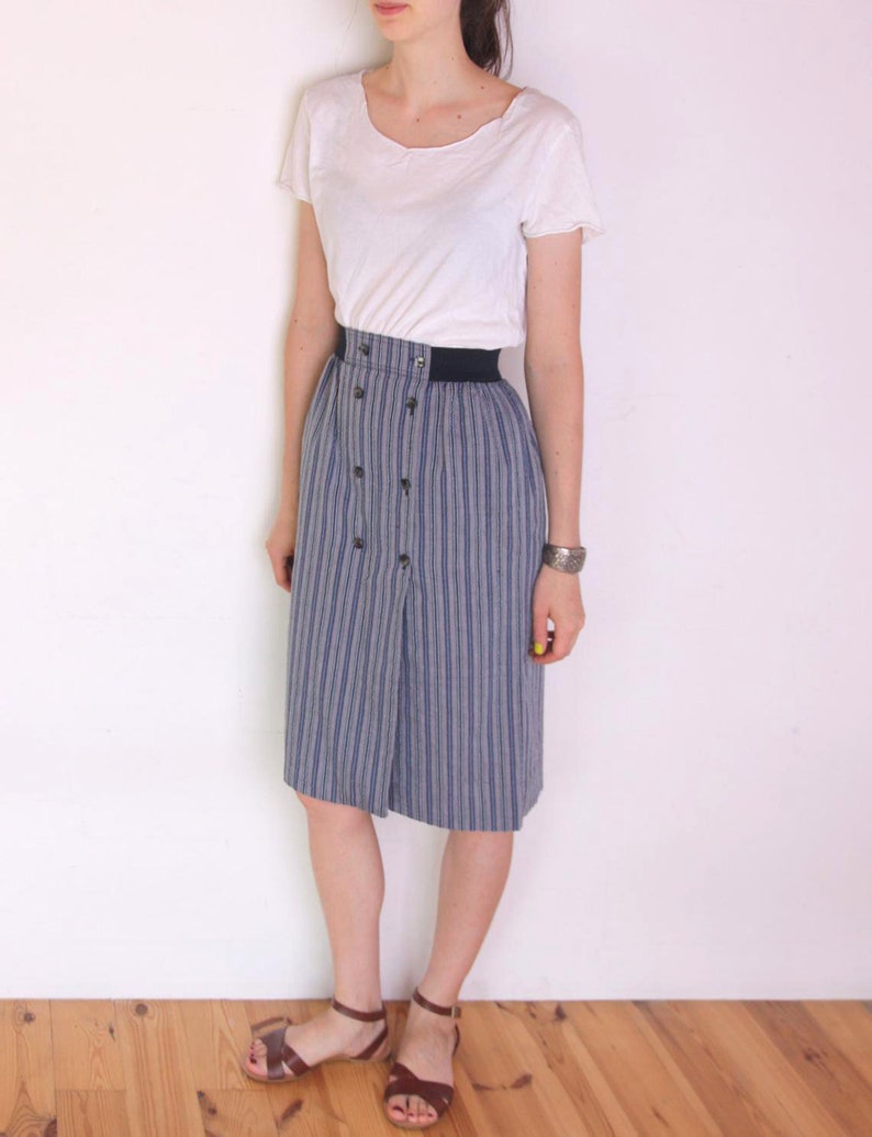 80/'s Country Casuals buttoned down striped midi skirt blue white and gray chambray long skirt