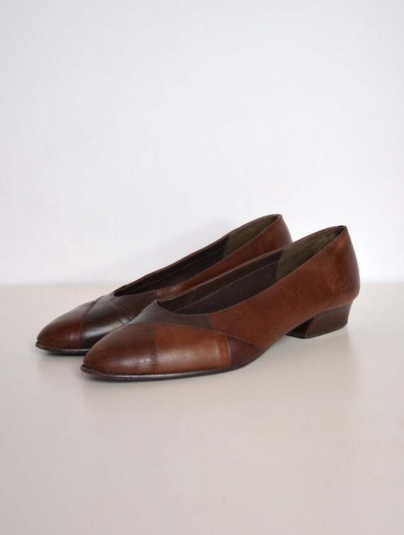 80's brown leather pumps low heel ballerina shoes Etsy