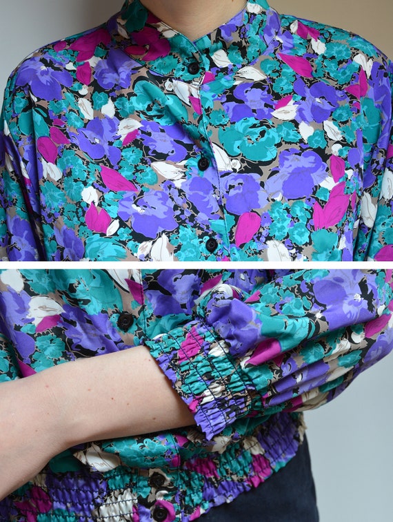 90's floral blouse, purple, turquoise violet, gra… - image 5