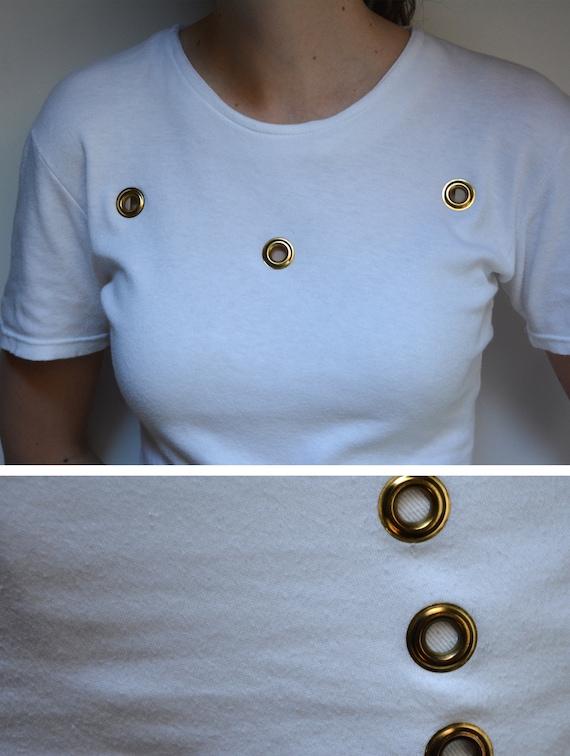 90's Metal Eyelets White Top, Long T Shirt, Vintage Tunic 90's Metal Eyelets White Top, Long T Shirt, Vintage Tunic