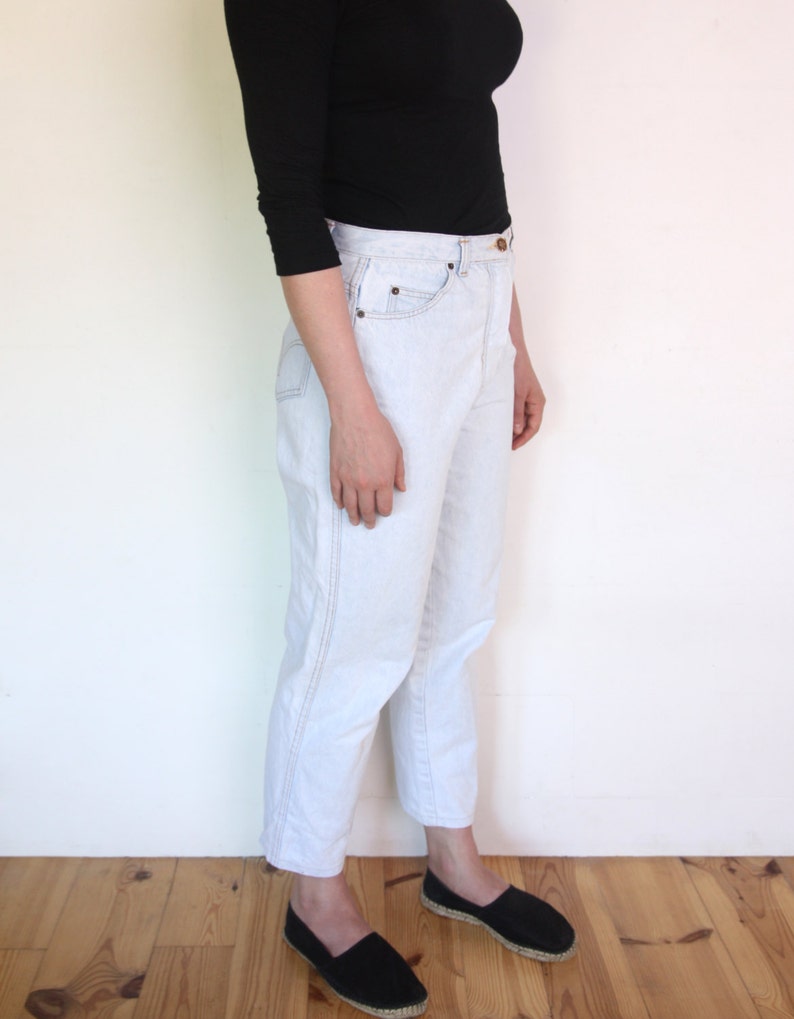 90's French mom jeans, light blue denim high waisted pants, white blue denim size medium or large, grunge denim trousers image 2