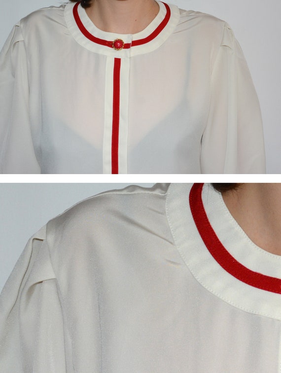 90's French white blouse with red details retro v… - image 5