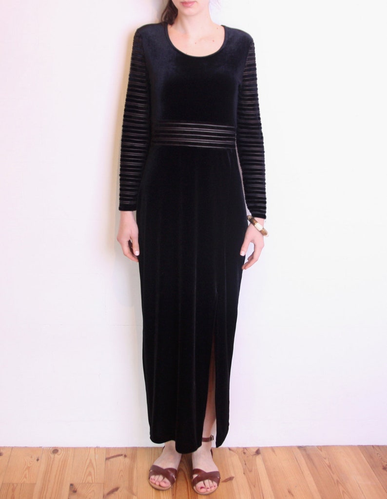 90's velvet sheer stripes maxi dress, black velvet long dress, black minimalist, slit, grunge dress, evening bodycon dress image 1