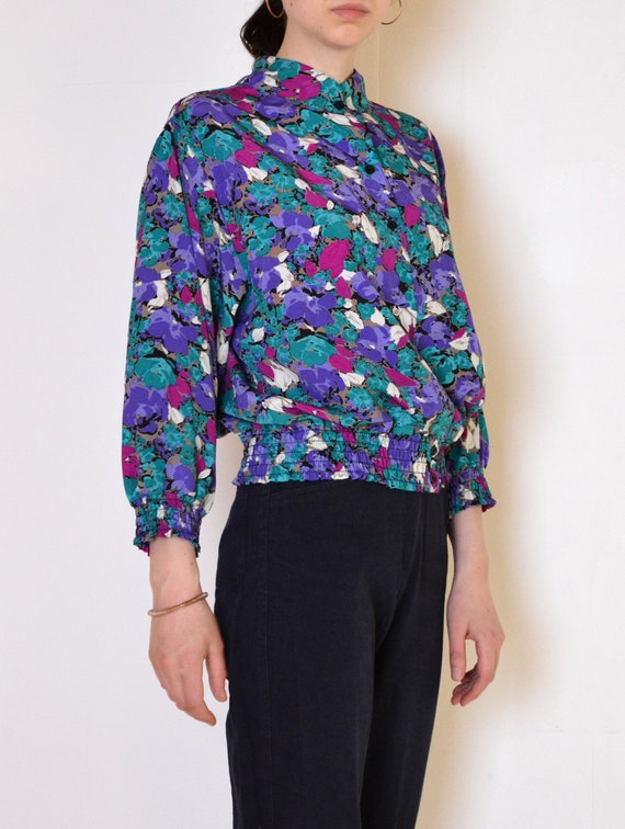 90's floral blouse, purple, turquoise violet, gra… - image 1