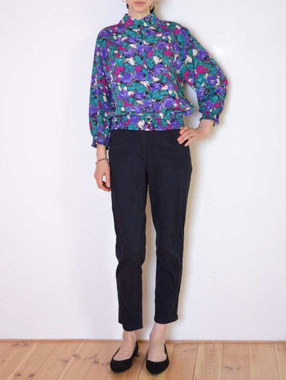 90's floral blouse, purple, turquoise violet, gra… - image 2