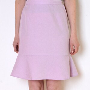 90's pastel violet pink skirt with frill, ruffle trim high waisted pencil skirt, retro vintage small medium image 2