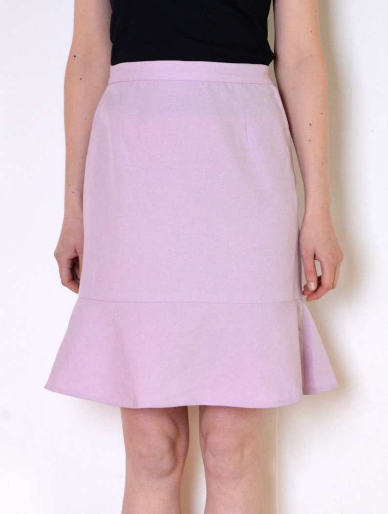 90's pastel violet pink skirt with frill, ruffle trim high waisted pencil skirt, retro vintage small medium image 2
