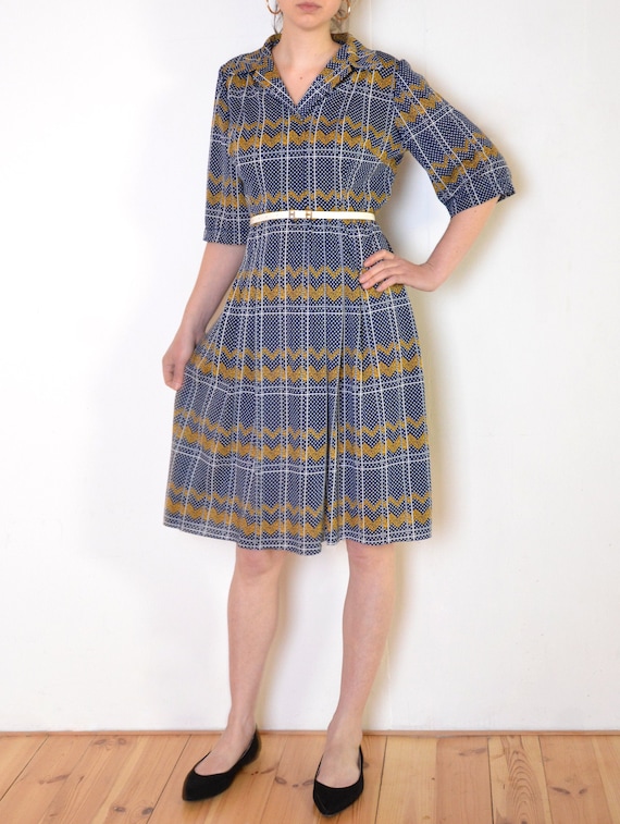 70's mixed print midi dress with pleated skirt, b… - image 1