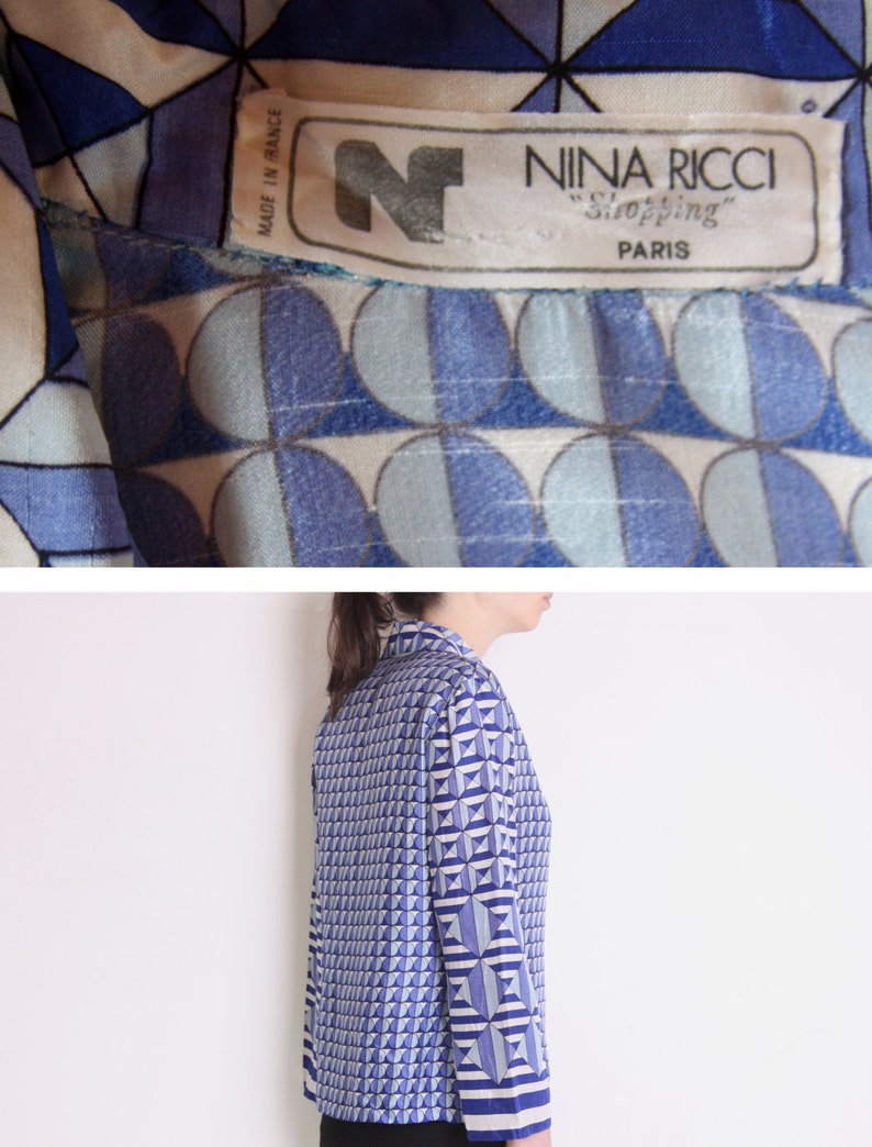 70's Nina Ricci op-art blouse, French designer blouse, geometric print, blue, pajama blazer style, navy white and black scarf print shirt image 3
