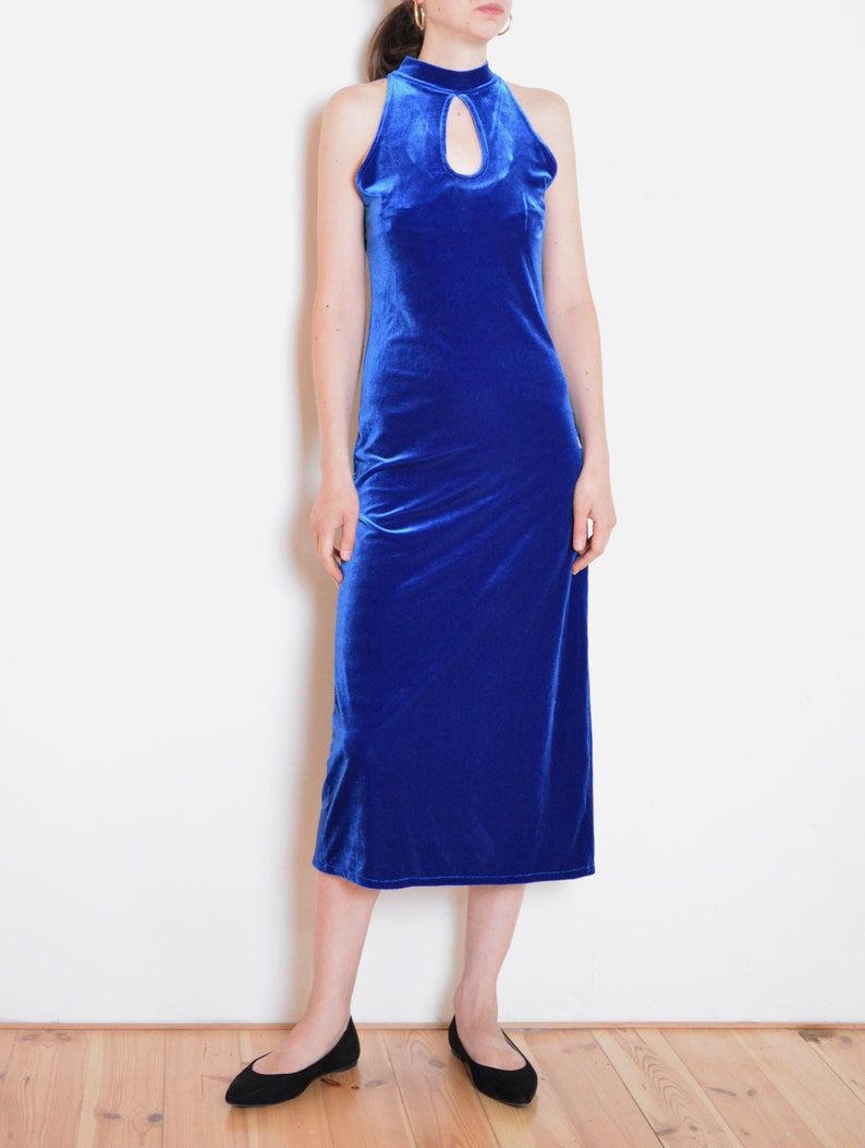 90's cutout details blue velvet mock neck dress, midi dress, minimalist grunge prom dress, evening bodycon long dress electric blue image 1