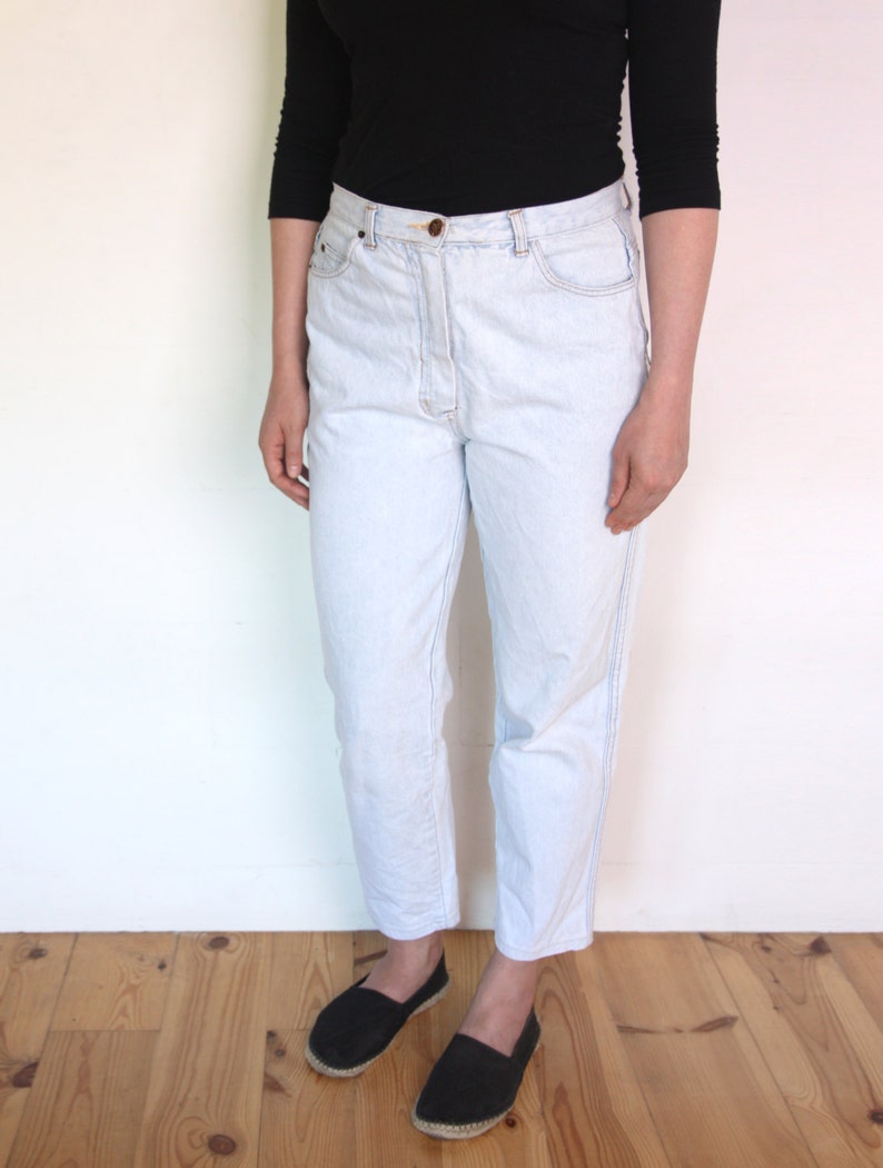 90's French mom jeans, light blue denim high waisted pants, white blue denim size medium or large, grunge denim trousers image 4