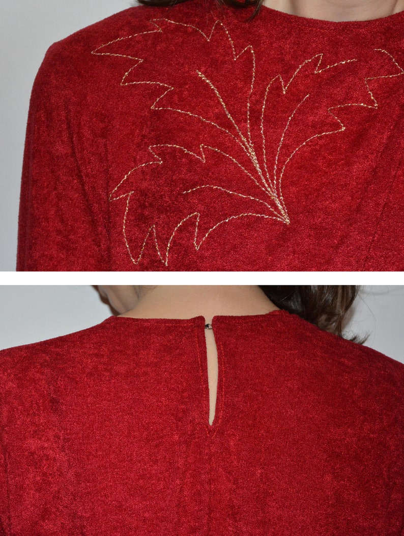 terry cloth red and gold leaves flowers embellished festive retro vintage long sleeve midi dress small 80/'s red embroidered dress